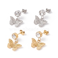 Crystal Rhinestone with Butterfly Dangle Stud Earrings, 304 Stainless Steel Jewelry for Women, Mixed Color, 18mm, Pin: 0.7mm(EJEW-E264-05)