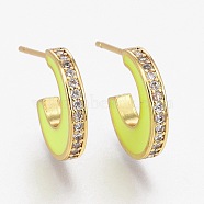 Brass Micro Pave Clear Cubic Zirconia Half Hoop Earrings, with Enamel and Ear Nuts, Long-Lasting Plated, Moon, Real 18K Gold Plated, Yellow, 14x12x2.5mm, Pin: 1mm(EJEW-L231-64D)