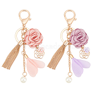 2Pcs 2 Colors Alloy Keychain, with Alloy & Ployester Tassel and Lobster Claw Clasps, Flower, Mixed Color, 14.25cm, 1pc/color(KEYC-WR0001-15)