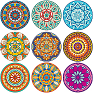 Wooden Cup Mats Set, Printed Coasters, Flat Round with Mandala Pattern, Mixed Color, 100x5mm, 9 style, 1 pc/style, 9pcs/set(DJEW-WH0040-004)