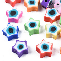 Handmade Polymer Clay Beads, Star with Evil Eye, Mixed Color, 9x9x3.5~4.5mm, Hole: 1.4mm(CLAY-T019-09)