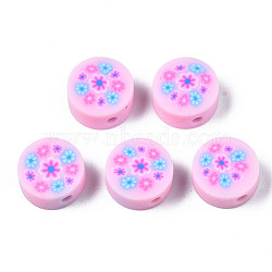 Handmade Polymer Clay Beads, for DIY Jewelry Crafts Supplies, Flat Round with Flower, Pearl Pink, 9.5~10x4.5mm, Hole: 1.8mm(CLAY-N008-039K)