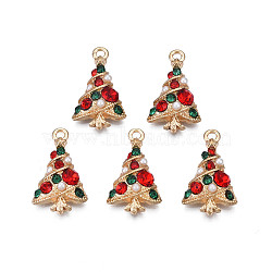 Rack Plating Alloy Pendants, with Colorful Rhinestone and ABS Plastic Imitation Pearl, Cadmium Free & Nickel Free & Lead Free, Christmas Tree, Light Gold, 21x12.5x3.5mm, Hole: 1.5mm(PALLOY-N164-157)