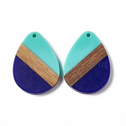 Opaque Resin & Walnut Wood Pendants, Water Drop Charms, Dark Blue, 35.5x26x3.5mm, Hole: 2mm(RESI-M027-04J)