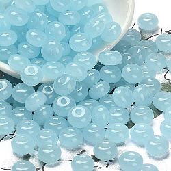 Transparent Colours Glass Seed Beads, Donut, Light Sky Blue, 8x5mm, Hole: 1.6mm, about 938pcs/pound(SEED-C001-03C-02)