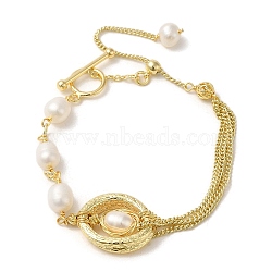 Natural Oval Pearl Link Bracelets, with Brass Chains, Real 14K Gold Plated, 6-1/2 inch(16.6cm)(BJEW-C051-56G)