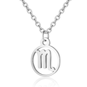 201 Stainless Steel Pendants Necklaces, Flat Round with Constellations, Scorpio, 16.3 inch(40cm)x1mm