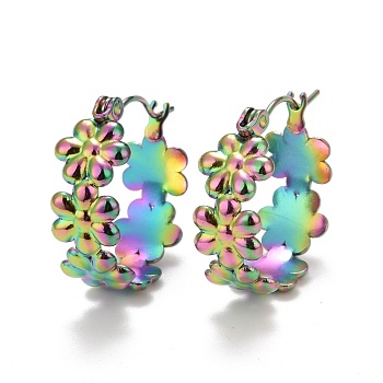 Ion Plating(IP) Rainbow Color Flower 304 Stainless Steel Hoop Earrings for Women, 20x20x8.2mm, Pin: 0.6mm