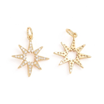 Brass Micro Pave Cubic Zirconia Pendants, with Jump Ring, Cadmium Free & Lead Free, Star, Clear, Golden, 19x17x2mm, Hole: 3mm