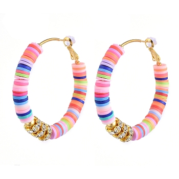 Heishi Beaded Hoop Earrings, with Brass Earring Findings & Brass Rhinestone Spacer Beads & Plastic Ear Nuts, Colorful, 50mm