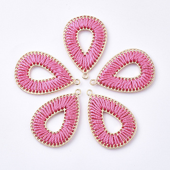 Polyester Thread Woven Pendants, with Golden Plated Alloy Findings, Long-Lasting Plated, Teardrop, Hot Pink, 42x28x2.5mm, Hole: 2mm