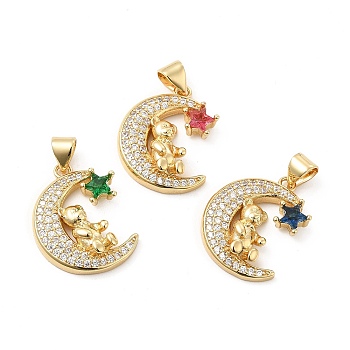Brass Micro Pave Cubic Zirconia Pendants, Moon with Bear & Star Charm, Golden, Mixed Color, 20x16x3.5mm, Hole: 5x3.5mm