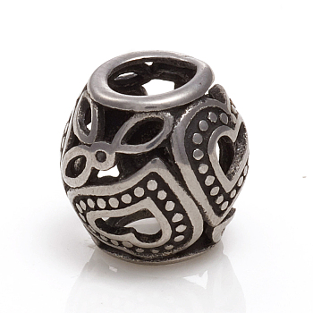 304 Stainless Steel European Beads, Large Hole Beads, Rondelle with Heart, Antique Silver, 11~11.5x12mm, Hole: 5.5mm