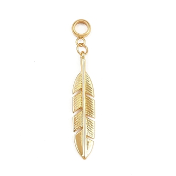 Brass European Dangle Charms, Leaf Large Hole Pendants, with 201 Stainless Steel Tube Bails, Real 18K Gold Plated, 43mm, Hole: 4mm