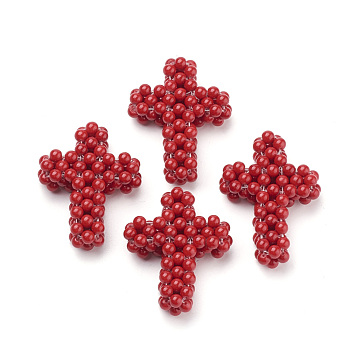 Dyed Synthetic Coral Woven Beads, Cluster Beads, Cross, No Hole/Undrilled, Red, 45~50x35x11~12mm