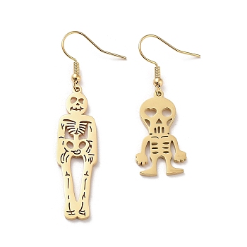 304 Stainless Steel Dangle Earrings, Skull, Golden, 45~60x11.5~14.5mm