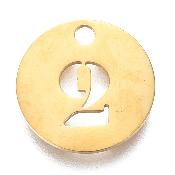304 Stainless Steel Pendants, Cut-Out, Hollow, Flat Round with Number, Golden, Num.2, 19x1.5mm, Hole: 2.5mm