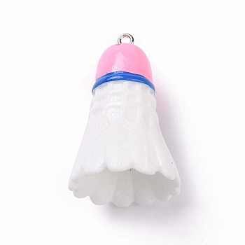 Sport Ball Theme Opaque Resin Pendants, Badminton Charms, with Platinum Plated Iron Loops, Pearl Pink, 37.5x26mm, Hole: 2mm