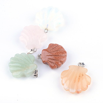 Shell Shape Natural & Synthetic Mixed Stone Pendants, with Platinum Tone Brass Findings, 22~25x20~22x8~10mm, Hole: 2x6mm