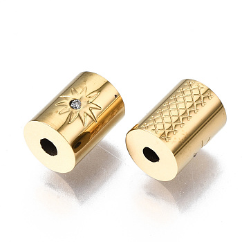 304 Stainless Steel Beads, with Rhinestone, Column with Star, Real 14K Gold Plated, 8x6mm, Hole: 1.6mm