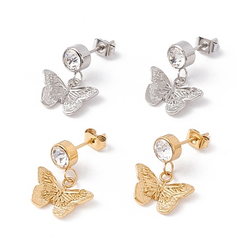 Crystal Rhinestone with Butterfly Dangle Stud Earrings, 304 Stainless Steel Jewelry for Women, Mixed Color, 18mm, Pin: 0.7mm