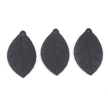 PU Leather Pendants, Leaf, Black, 23x13x0.5mm, Hole: 0.8mm