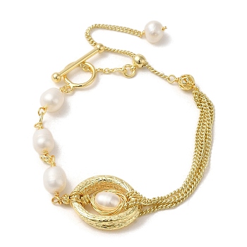 Natural Oval Pearl Link Bracelets, with Brass Chains, Real 14K Gold Plated, 6-1/2 inch(16.6cm)