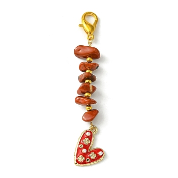 Heart Alloy Enamel Pendant Decorations, Natural Red Jasper Gemstone Chips and Alloy Lobster Claw Clasps Charms, 81mm