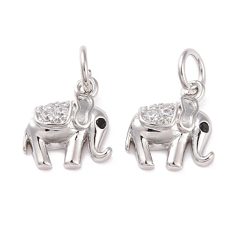 Brass Micro Pave Cubic Zirconia Charms, with Jump Ring, Cadmium Free & Lead Free, Elephant, Platinum, 10.5x9.5x3mm, Hole: 3mm
