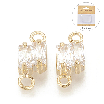 Brass Cubic Zirconia Links, Clear, Rectangle, Nickel Free, Real 18K Gold Plated, 12x5x3mm, Hole: 1mm
