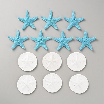 Opaque Resin Cabochons Kit, Starfish & Flat Round, White, Sky Blue, 49~51x47~54x7~12mm, 13pcs/set