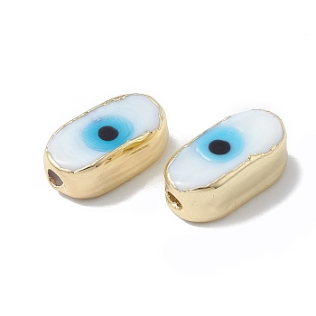 Brass Beads, with Enamel, Real 18K Gold Plated, Oval with Evil Eye, White, 14x8x6mm, Hole: 1.4mm