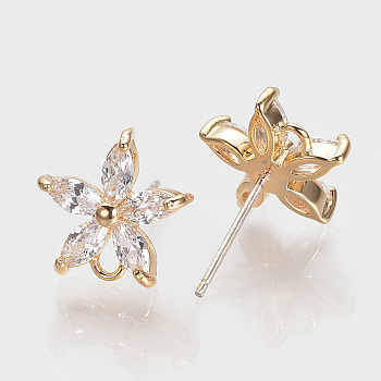 Brass Cubic Zirconia Ear Stud Findings, with Loop, Nickel Free, Real 18K Gold Plated, Flower, 11.5x12mm, Hole: 1.5mm, pin: 0.5mm
