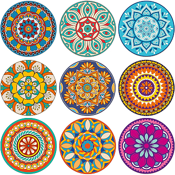 Wooden Cup Mats Set, Printed Coasters, Flat Round with Mandala Pattern, Mixed Color, 100x5mm, 9 style, 1 pc/style, 9pcs/set