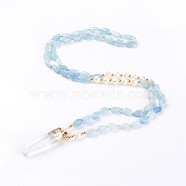Natural Aquamarine and Natural Quartz Crystal Pendant Necklaces, with Pearl and Brass Findings, Bullet, 31.5 inch~32.3 inch(80~82cm), Pendant: 45~55x15x10mm(NJEW-I220-07)