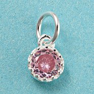 925 Sterling Silver Charms, with Cubic Zirconia, Faceted Flat Round, Silver, Pink, 7x5x2.5mm, Hole: 3mm(STER-G035-01D-04)