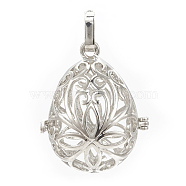 Rack Plating Brass Cage Pendants, For Chime Ball Pendant Necklaces Making, Hollow Teardrop with Flower, Platinum, 34x27x22mm, Hole: 3mm, inner measure: 27x19mm(KK-S751-002P)