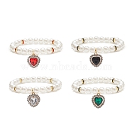Acrylic Pearl Round Beaded Stretch Bracelet with Alloy Rhinestone Heart Charms for Women, Mixed Color, Inner Diameter: 2~2-1/8 inch(5~5.5cm)(BJEW-JB09232)