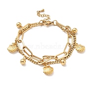 Shell Shape and Round Ball Charm Multi-strand Bracelet, Vacuum Plating 304 Stainless Steel Double Layered Chains Bracelet for Women, Golden, 7-1/2 inch(19cm)(BJEW-G639-20G)