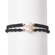 2Pcs 2 Style Natural Pearl Braided Bead Bracelets Set with Nylon Cord for Women, Black, 2 inch(5cm)~2-1/4 inch(5.6cm), 1Pc/style(BJEW-JB09141-02)