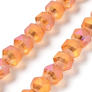 Electroplate Transparent Glass Beads Strands, Frosted, Rainbow Plated, Faceted, Lantern, Dark Orange, 7x7.8x7.5mm, Hole: 1.5mm, about 72pcs/strand, 20.79''(52.8cm)(EGLA-I018-FR01)