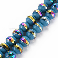 Electroplate Opaque Solid Color Glass Beads Strands, Rainbow Color Plated, Faceted, Round, Steel Blue, 10x9.5mm, Hole: 1.4mm, about 39~40pcs/strand, 14.17 inch~14.57 inch(36~37cm)(EGLA-N006-031-B01)