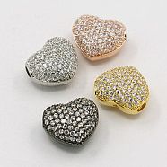Hollow Heart Brass Cubic Zirconia Beads, Mixed Color, 12x13.5x8mm, Hole: 1mm(ZIRC-F001-136)