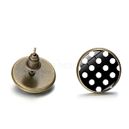 Alloy Stud Earrings with Ear Nuts, Glass Flat Round Polka Dot Ear Studs for Women, Black, 12mm(PW-WG56752-01)