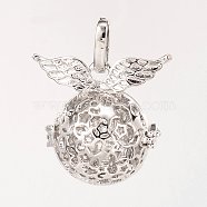 Eco-Friendly Rack Plating Brass Hollow Round with Wing Cage Pendants, For Chime Ball Pendant Necklaces Making, Cadmium Free & Nickel Free & Lead Free, Platinum, 28x30x20mm, Hole: 9x4mm, inner: 18mm(KK-M180-08P-NR)