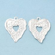 Brass Pendants, Cadmium Free & Lead Free, Textured, Heart Charm, 925 Sterling Silver Plated, 26.5x22x1.5mm, Hole: 1.6mm(KK-M250-21S)