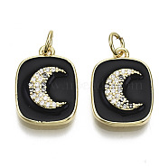 Brass Micro Pave Clear Cubic Zirconia Pendants, with Enamel and Jump Ring, Rectangle with Moon, Real 16K Gold Plated, Nickel Free, Black, 17.5x13x3mm, Jump Ring: 5x1mm, 3mm inner diameter(KK-N227-35A-NF)