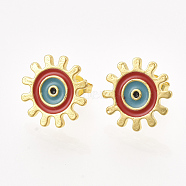 Brass Stud Earrings, with Enamel and Ear Nuts, Sun with Evil Eye, Red, 14mm, Pin: 0.8mm(EJEW-S201-190A)