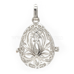 Rack Plating Brass Cage Pendants, For Chime Ball Pendant Necklaces Making, Hollow Teardrop with Flower, Platinum, 34x27x22mm, Hole: 3mm, inner measure: 24x18mm(KK-S751-002P)
