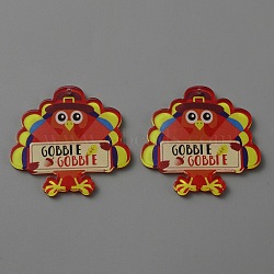 Thanksgiving Day Opaque Acrylic Pendants, Turkey with Word Gobbie Charm, Red, 39x39.5x2.2mm, Hole: 1.5mm(SACR-WH0006-22A)